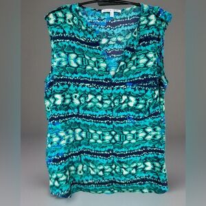 Collective Concepts V-Neck Sleeveless Blouse Blue/Green Geometric Pattern Large